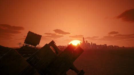 post-apocalyptic sunset over a ruined city