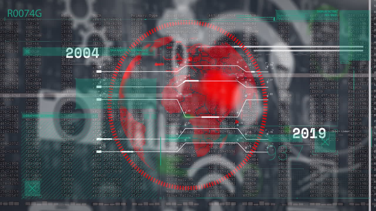 Digital animation overlaying binary code with red target and numbers 2004, 2019