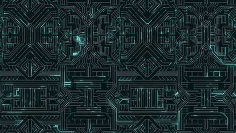 Animation-of-glowing-green-light-trails-moving-on-computer-circuit-board