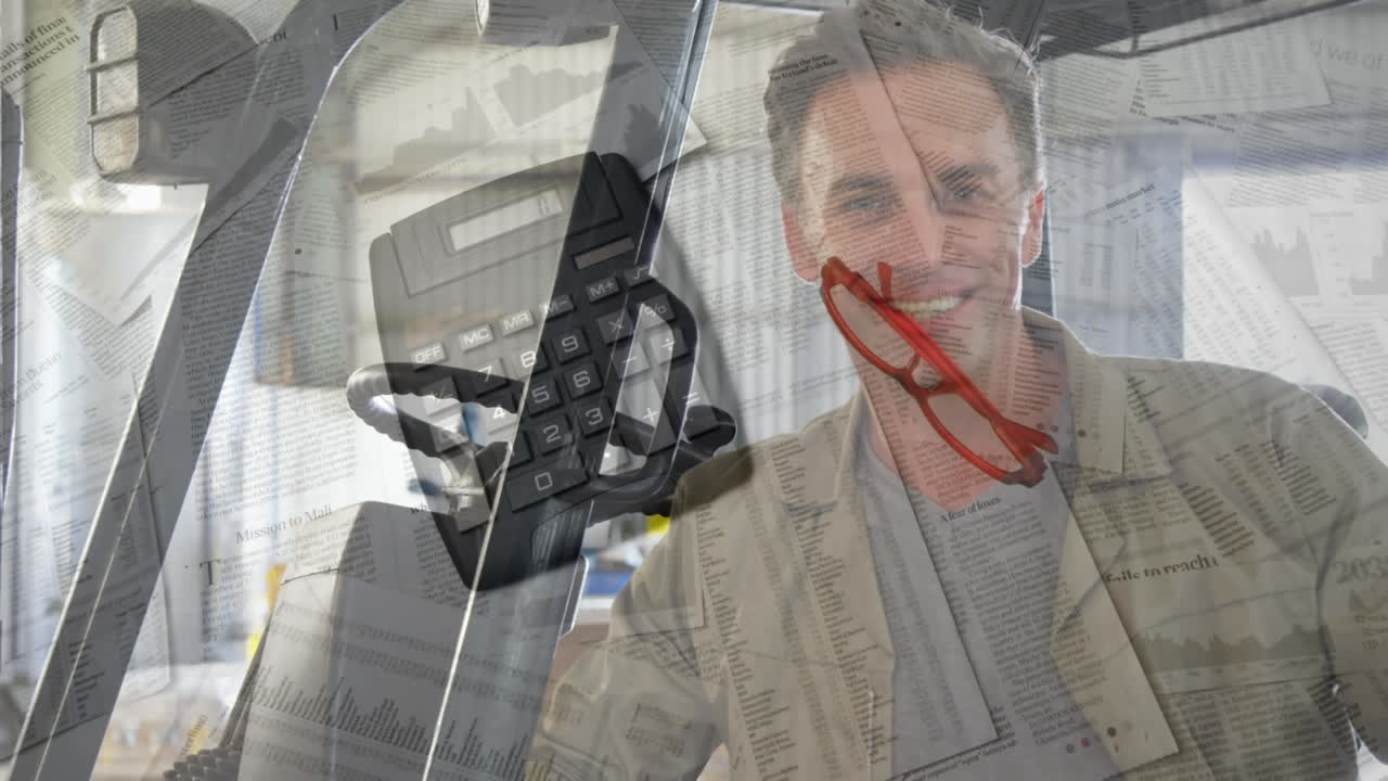 animación de calculadora y gafas en documentos sobre trabajador masculino bajando de la carretilla elevadora.