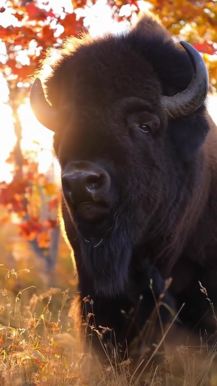 Majestätischer Bison steht im goldenen Herbstsonnenlicht