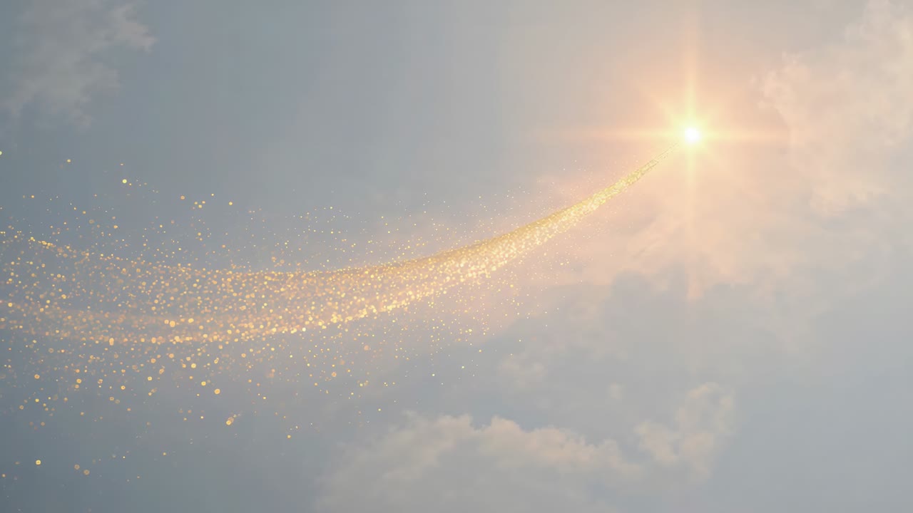 Appearing radiant point leaving curved golden sparkle trail across pale blue sky with clouds