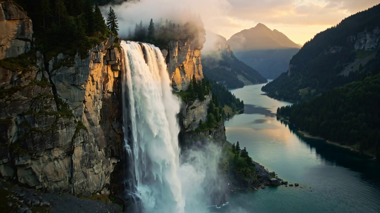 Moving camera revealing waterfall cascading down cliff into turquoise river, mist rising to focus