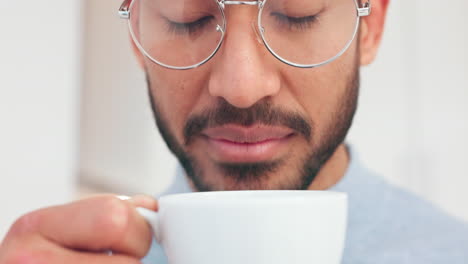 coffee cup, smelling and steam with happy man