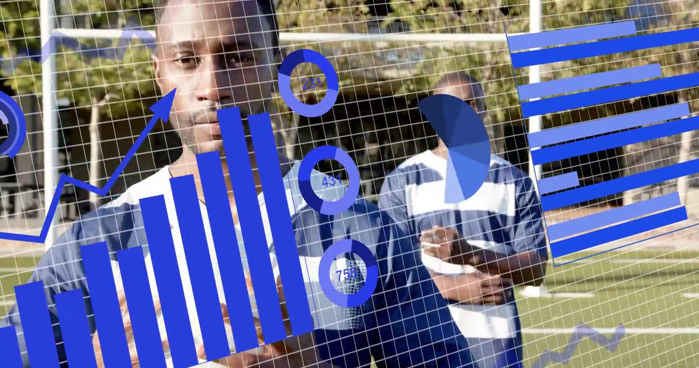 Rugby player holding ball while grid overlay generating real time sports analytics data visuals