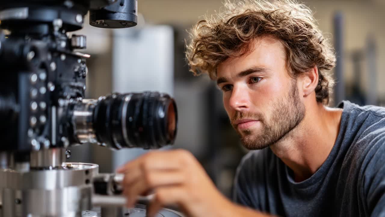 Focused Technician Adjusts High-End Camera Equipment for Precision Imaging in a Professional Workshop Setting, Showcasing Detailed Craftsmanship and Technical Expertise Towards Photography