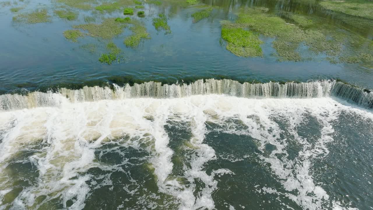 Aerial birdseye view of Vimba fish , Kuldiga, sunny spring day, slow motion drone shot moving forward