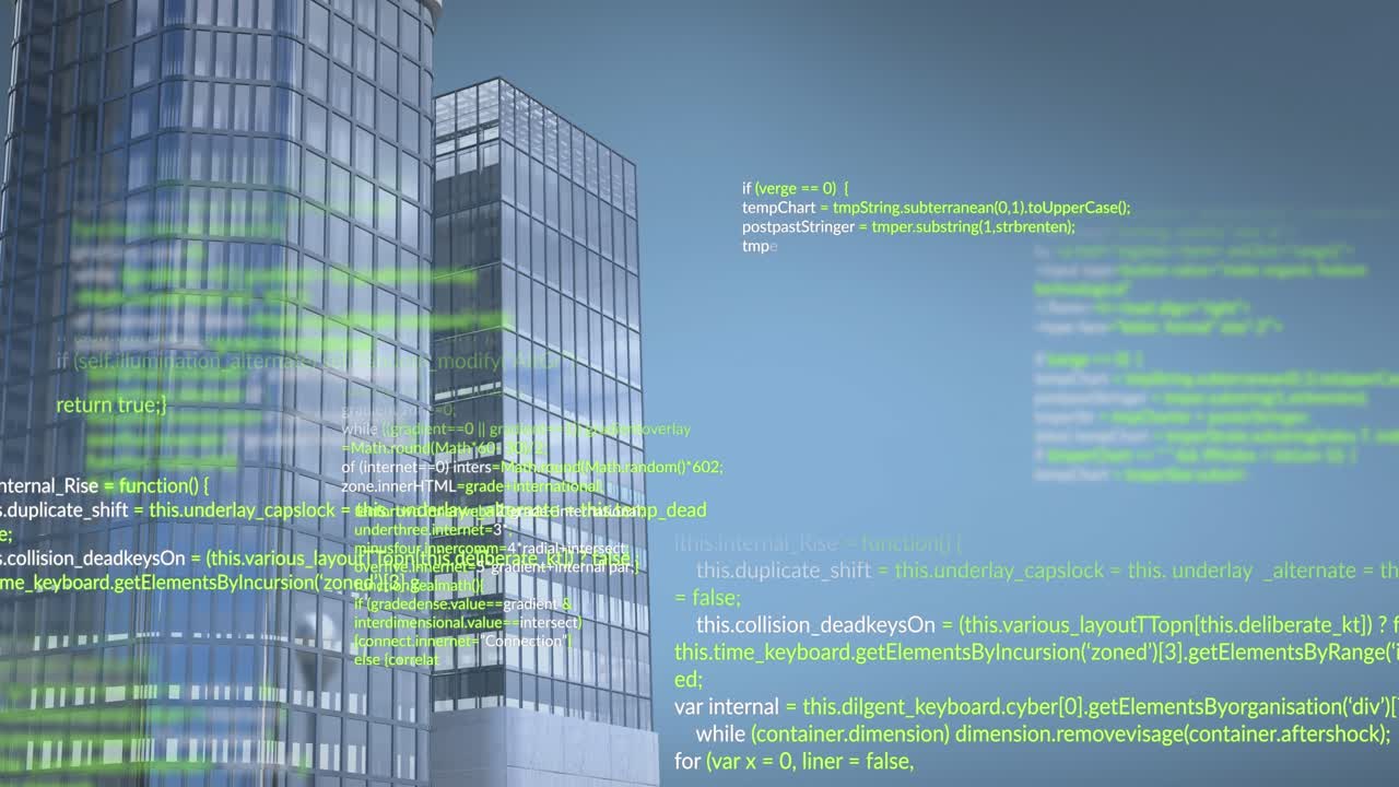 Animation of data processing over modern office buildings