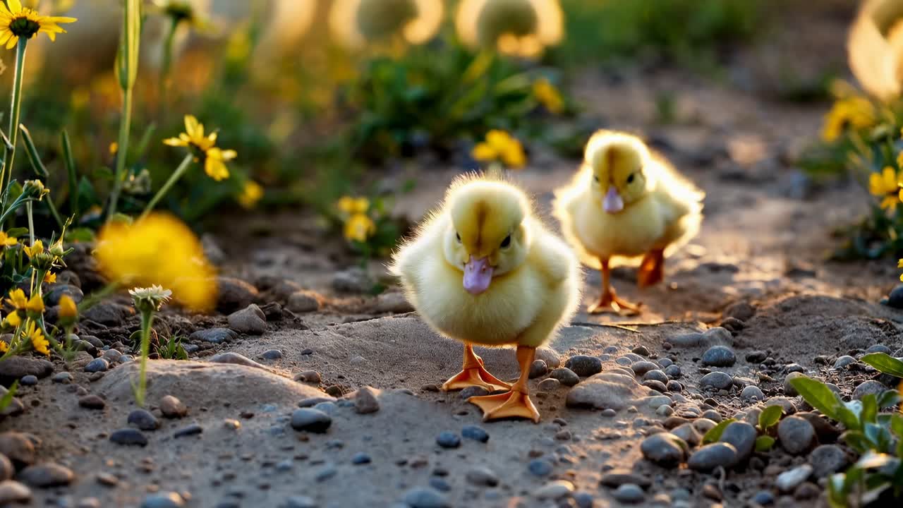 Zwei Entchen, die auf einem steinigen Pfad laufen, umgeben von Blumen, aufgenommen in einer Aufnahme mit niedrigem Winkel