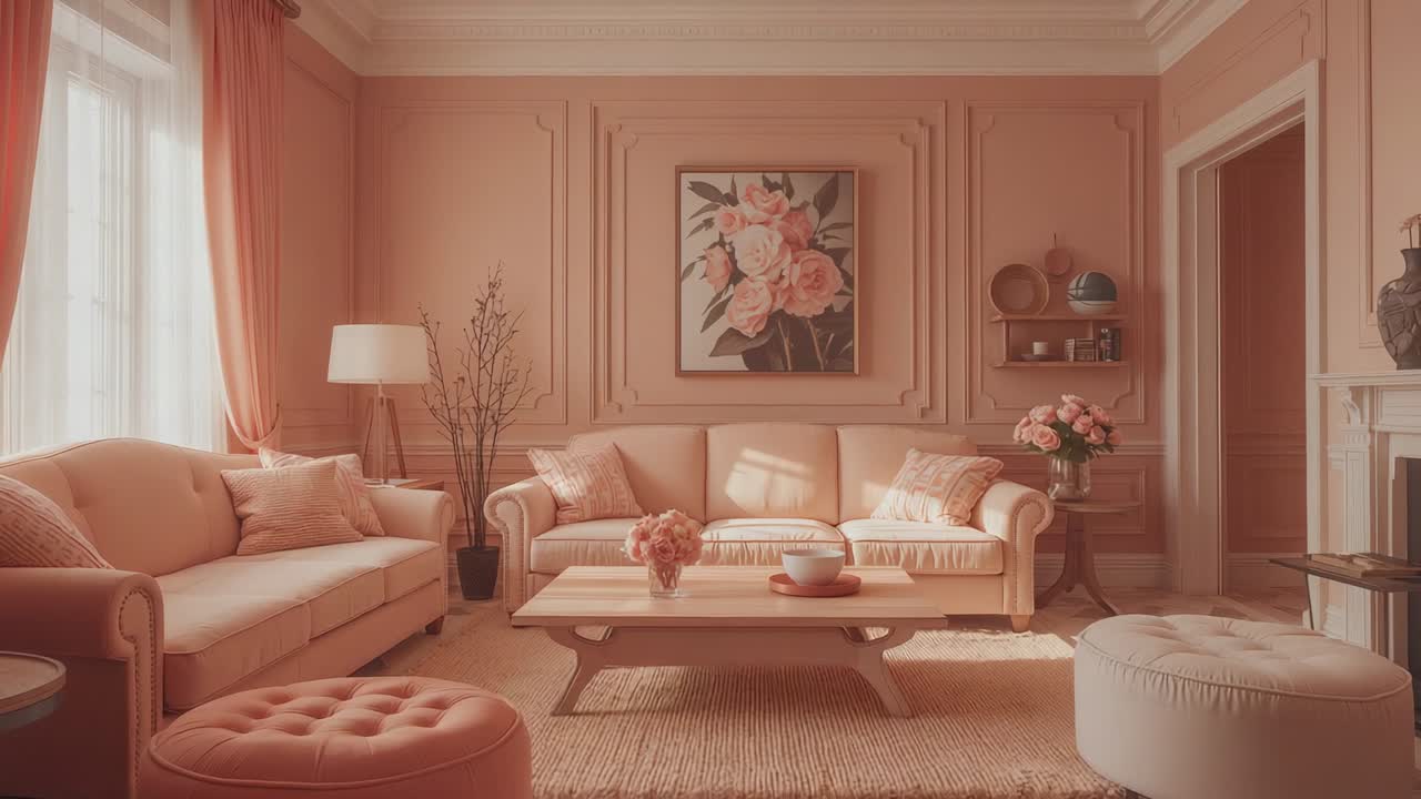 Starting recording, camera capturing living room, with sofa and coral decor for styling