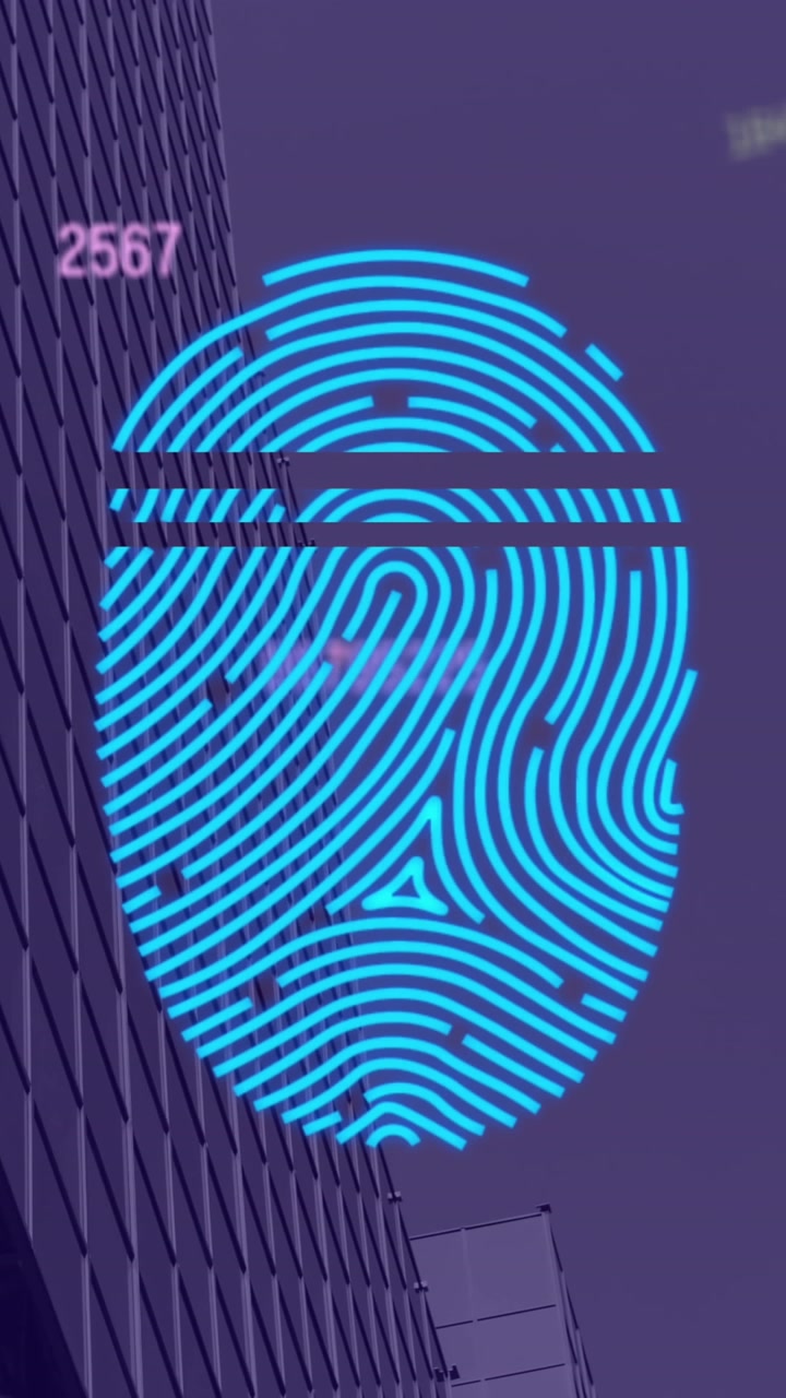 Digital Fingerprint Scan and Floating Data Over Modern Building