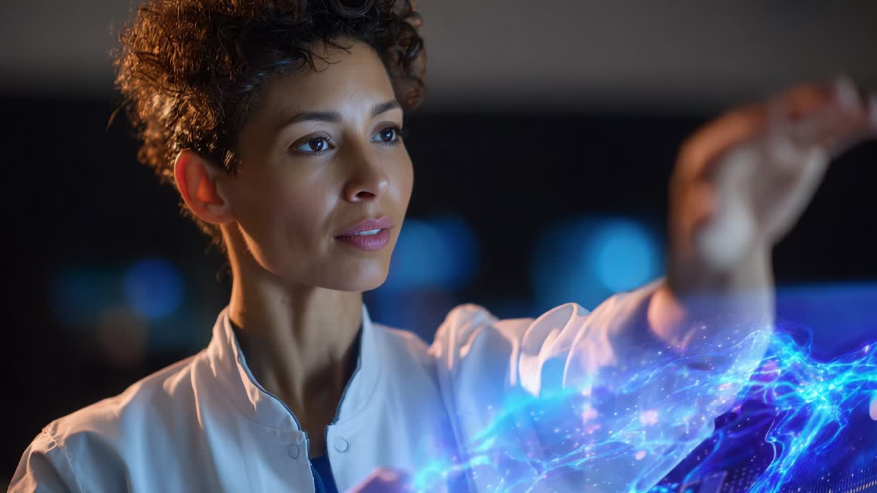 An innovative scientist interacts with a holographic interface, showcasing cutting-edge technology and meticulous focus while exploring the realms of data visualization and advanced research methodologies