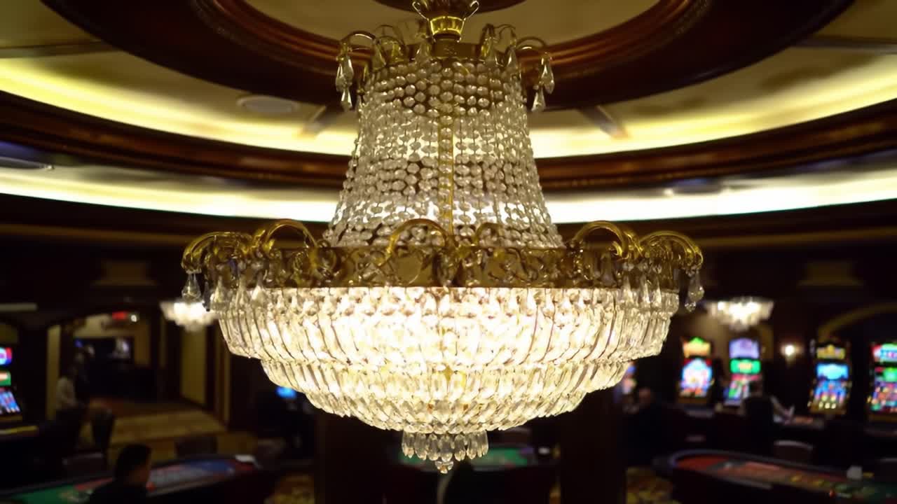 Elegant Crystal Chandelier Illuminating a Luxurious Casino Atmosphere with Slot Machines in the Background, Creating a Touch of Glamour and Excitement.