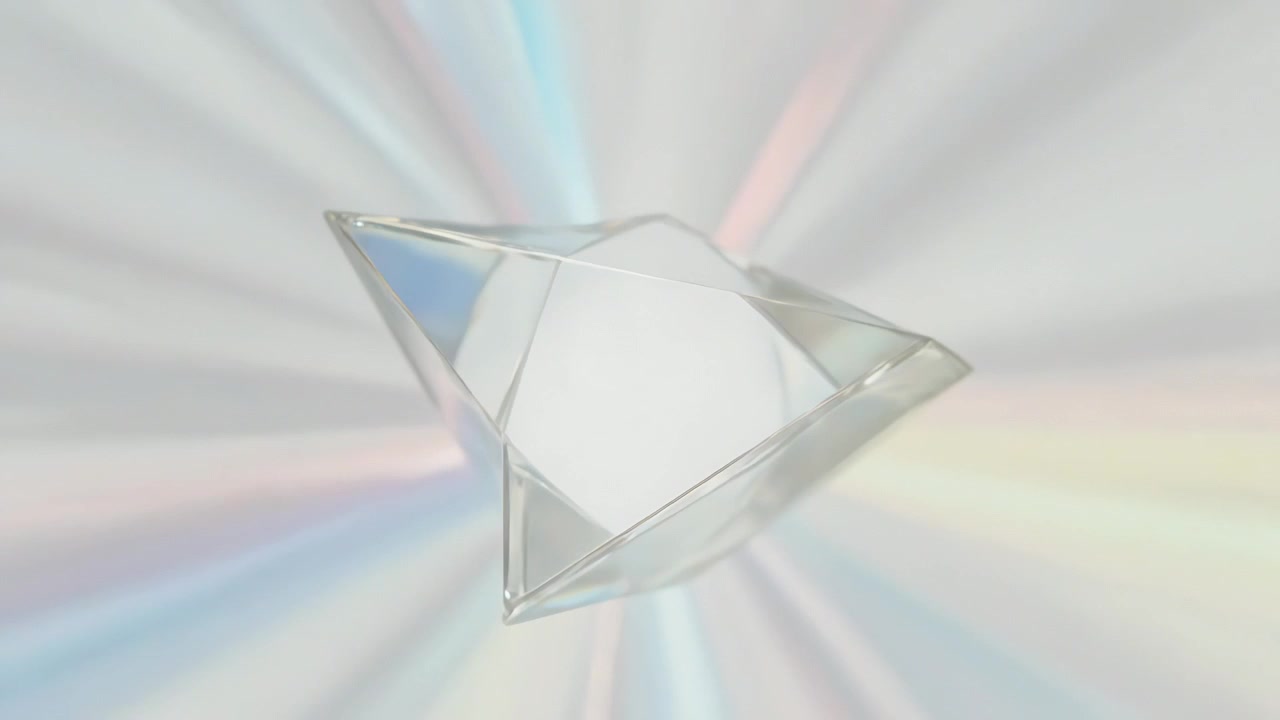 Rotating clear prism following sequence start, revealing white core, facets in radial pastel glow