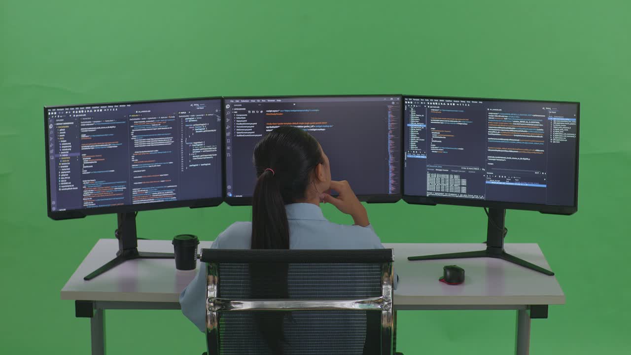 vista trasera de una mujer desarrolladora asiática pensando en algo y luego levantando su dedo índice mientras escribe código con múltiples pantallas de computadora en el estudio de pantalla verde