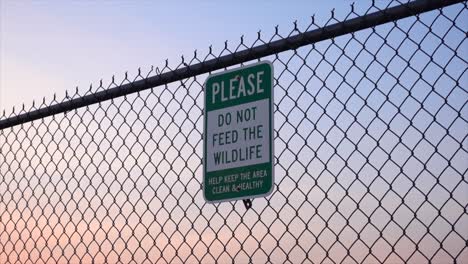 do not feed wildlife sign on a fence during the an evening, no person