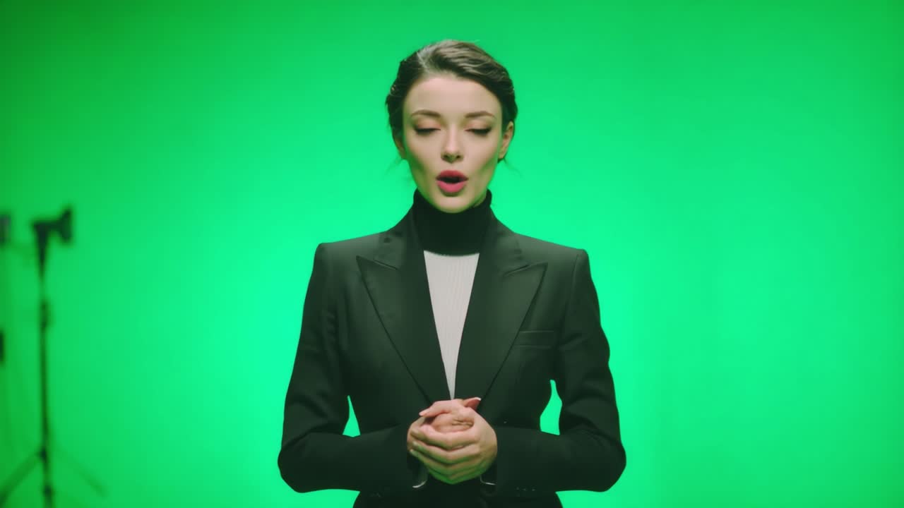 A Confident Model Poses in a Stylish Black Suit Against a Vibrant Green Background, Showcasing Poise and Professionalism in a Studio Setting