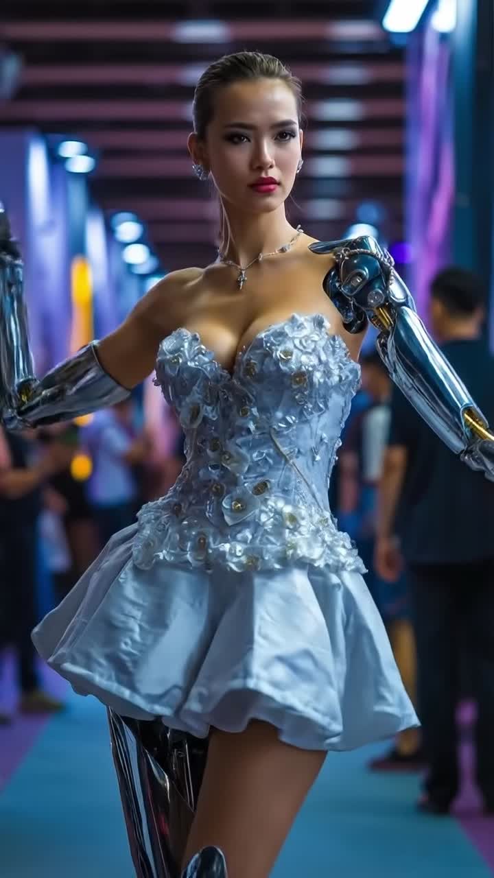 Modelo cibernético posando elegantemente en una exposición de tecnología futurista con mejoras metálicas en brazos y piernas
