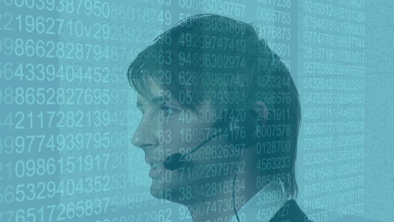 Cyber security data processing over caucasian male customer care executive talking on phone headset