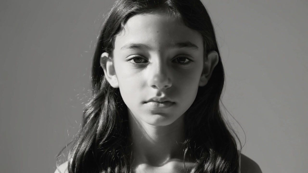 Menina pré-adolescente de blusa sem mangas, abrindo os olhos e fixando o olhar no estúdio, com um brilho de luz à esquerda sobre um fundo cinza.