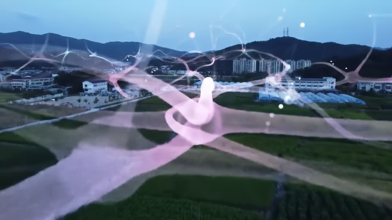 A captivating view of a serene landscape at dusk reveals flowing lights dancing over fields and mountains, showcasing nature's tranquility and beauty. The colors blend seamlessly with the evening sky.