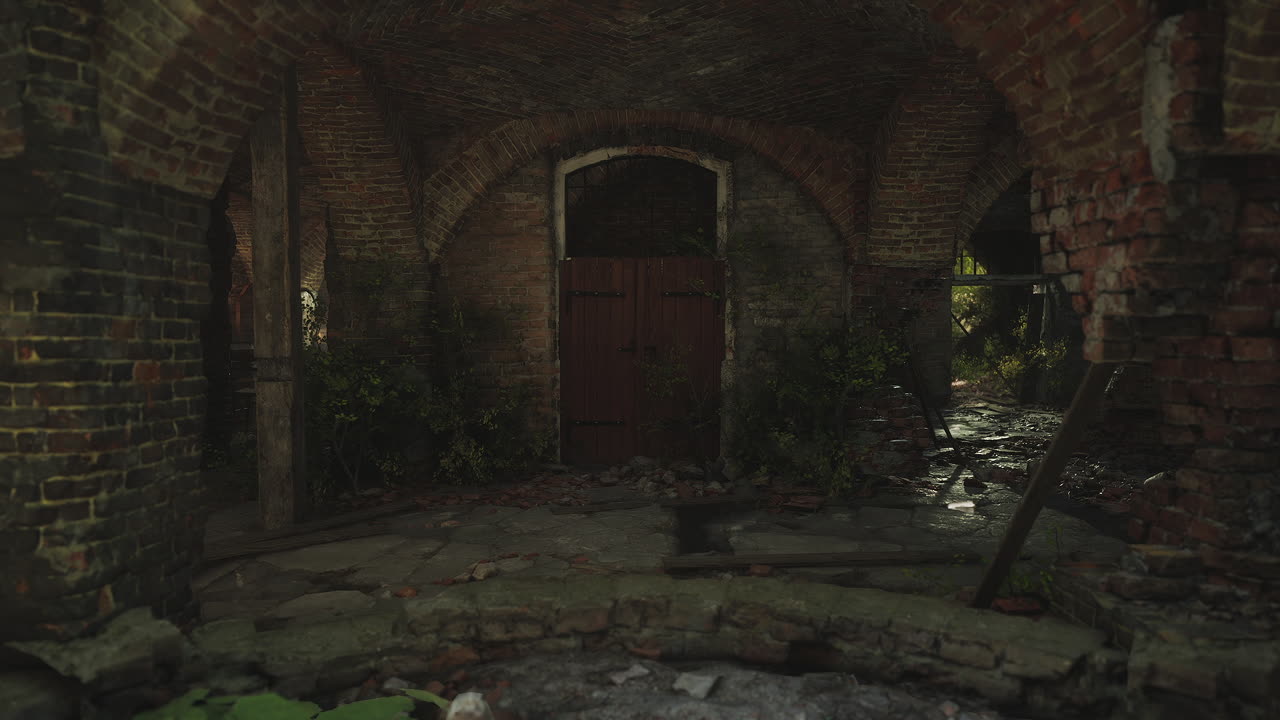 Abandoned underground space with overgrown vegetation and rustic brick walls