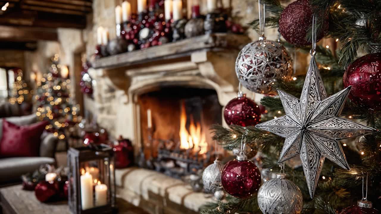 En hyggelig julestemning med et smukt pyntet træ, glimtende ornamenter og en knitrende pejs, der fremkalder varmen og glæden ved juletiden.