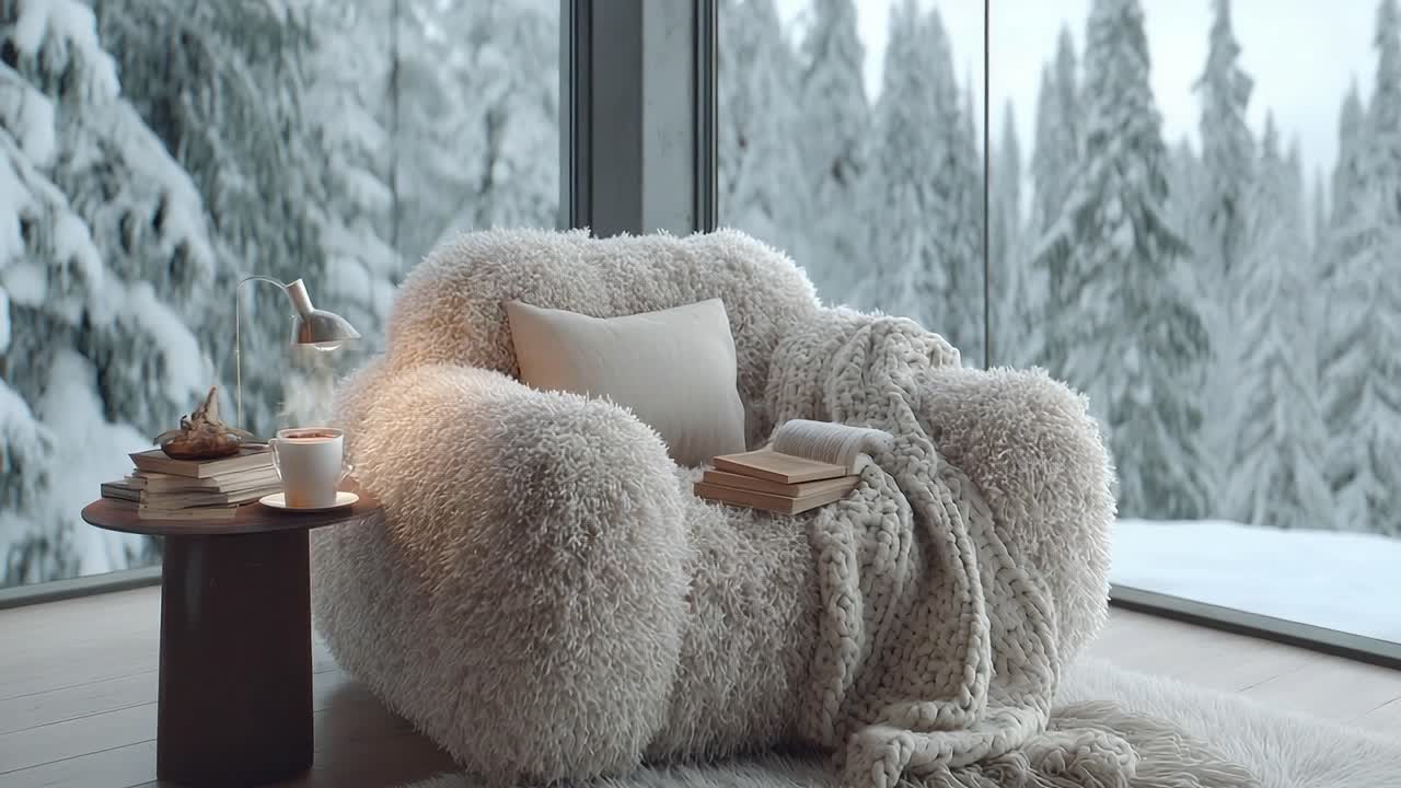 Cozy Winter Retreat: A Plush Armchair Surrounded by Scenic Snow-Capped Pines, Perfect for Relaxation with a Warm Drink and a Good Book