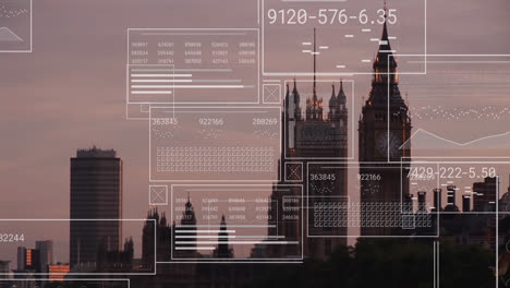animation of financial data processing over london cityscape