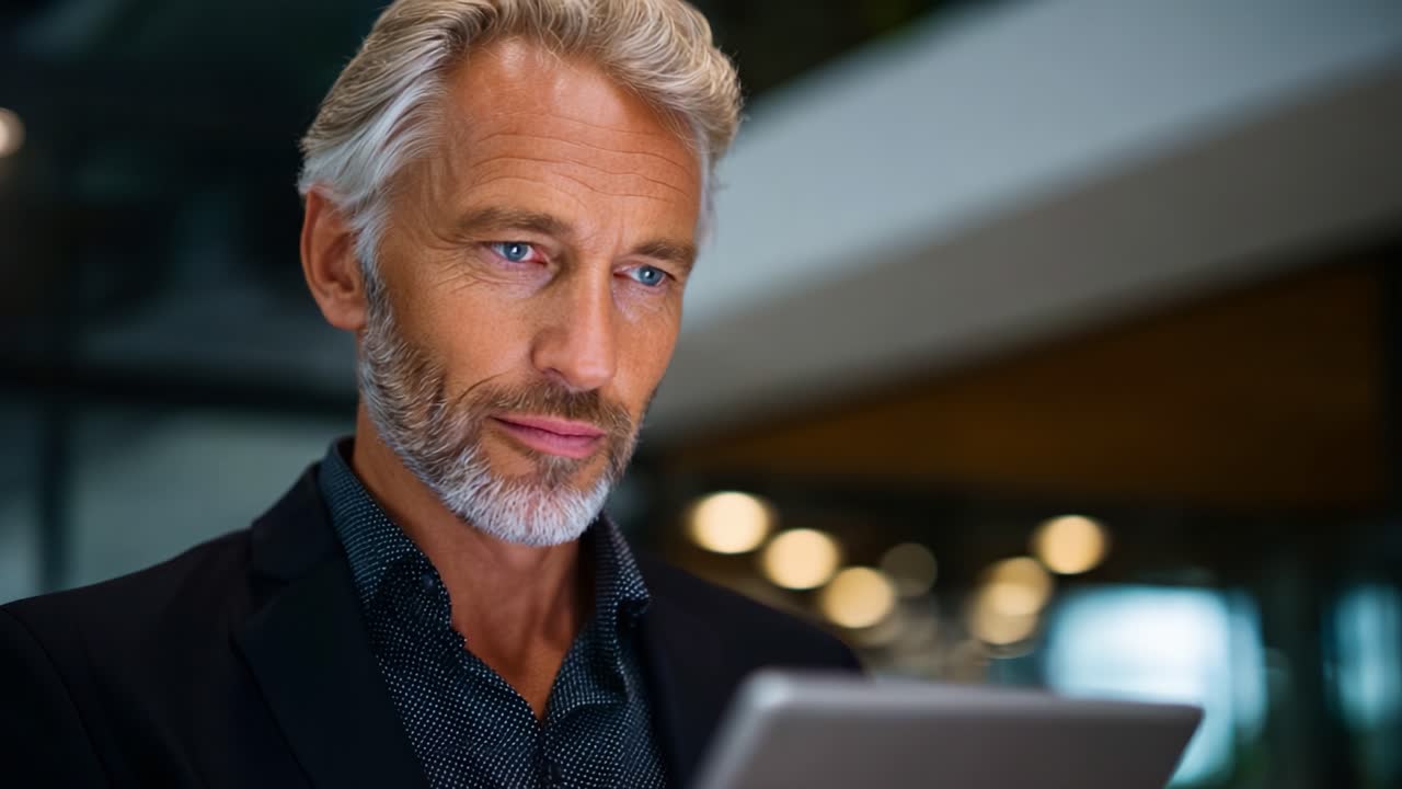 Focused Professional Engaged with Tablet, Showcasing Technology Use in a Modern Office Environment for Enhancing Communication and Productivity Levels