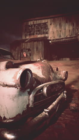 rusty car in front of an old building