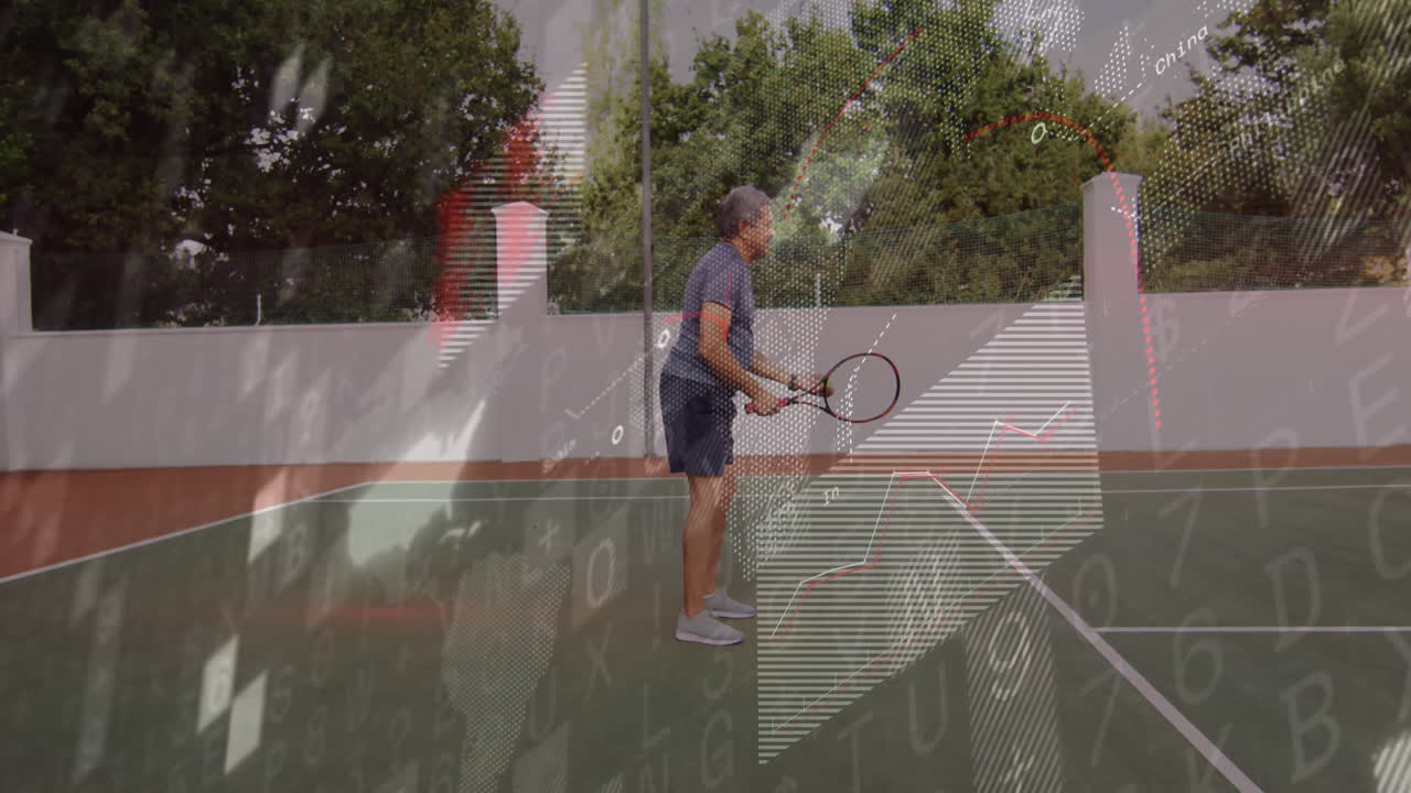 Senior man holding racket in ready stance on court, displaying sports technology data overlays
