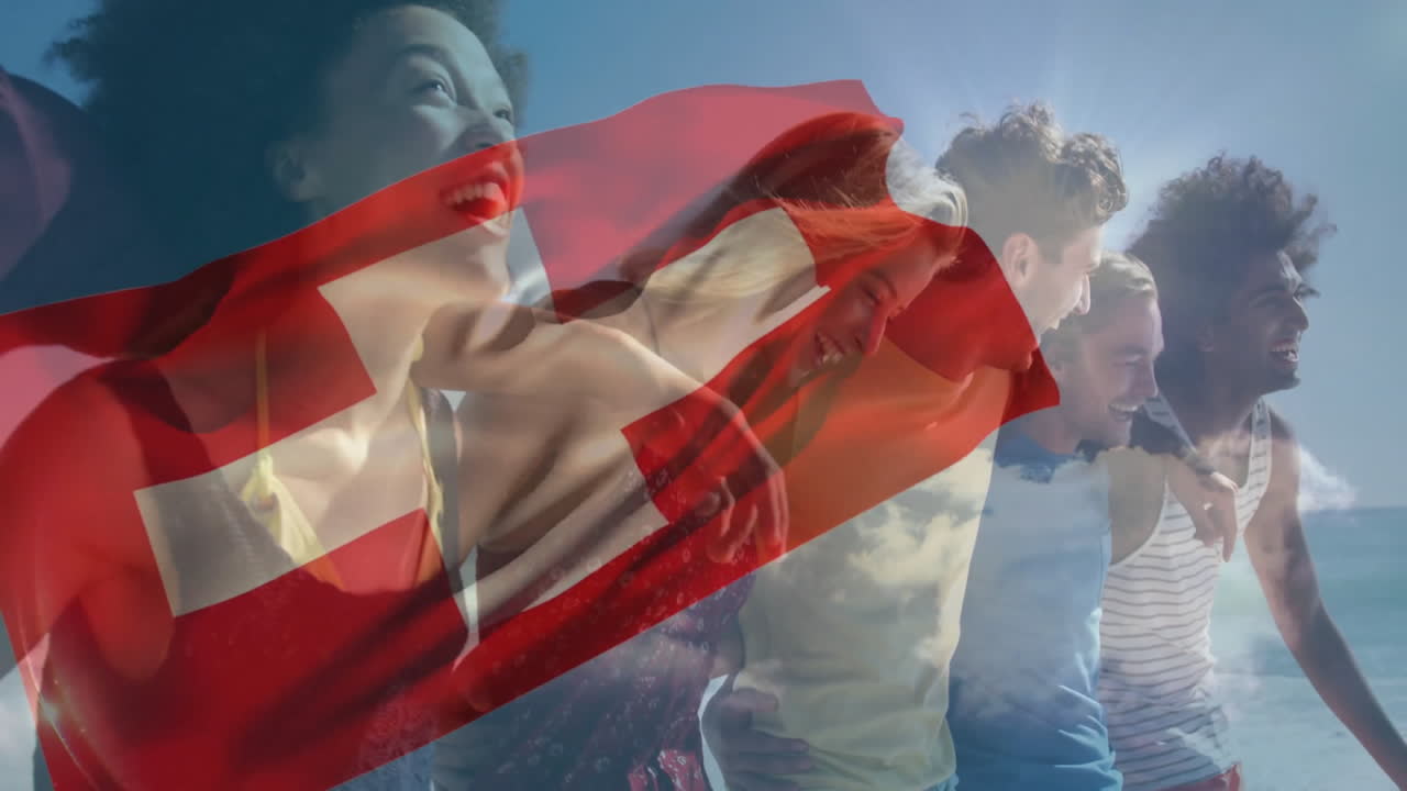 Animation overlay with Swiss flag, friends smiling on beach day together