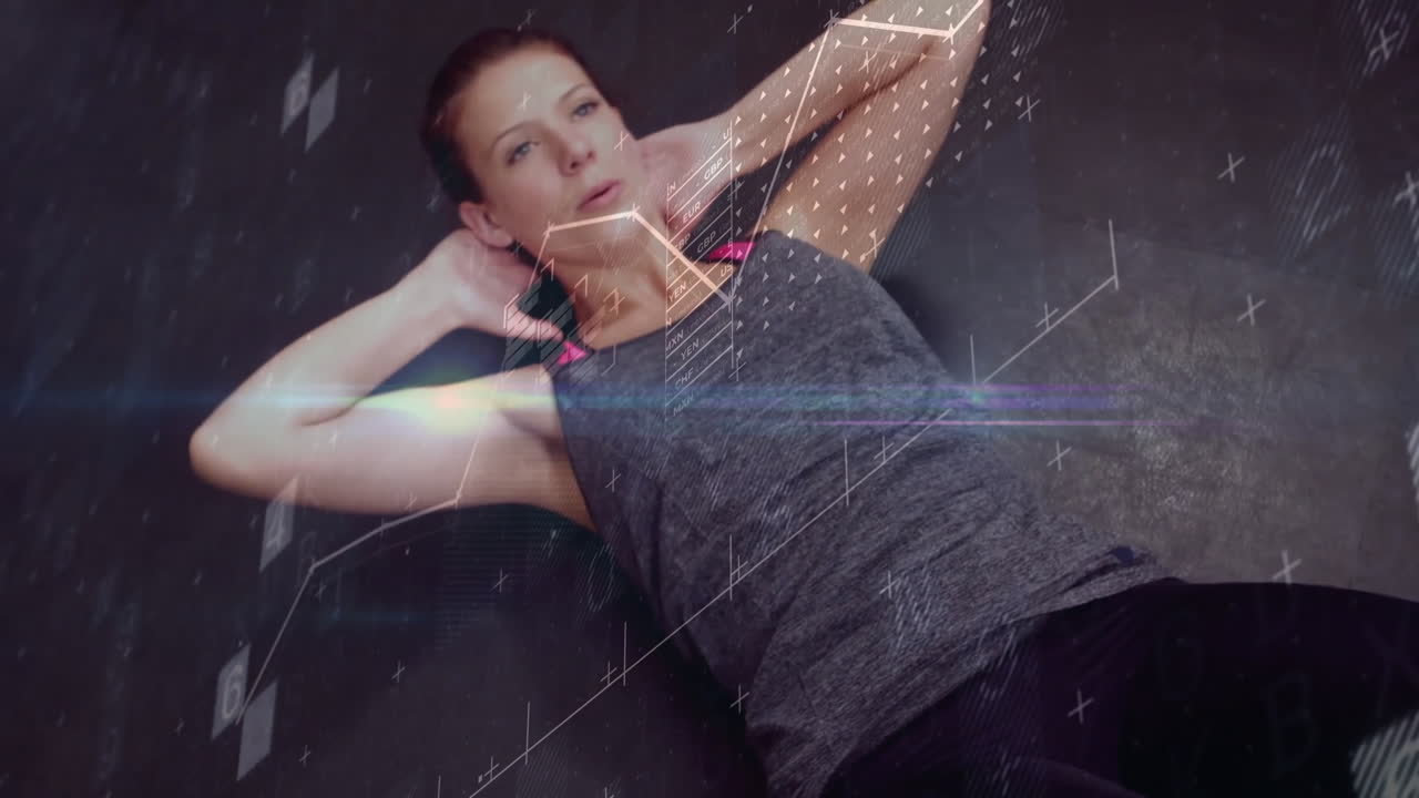 Woman performing crunches on exercise mat, displaying floating finance tables and grid lines