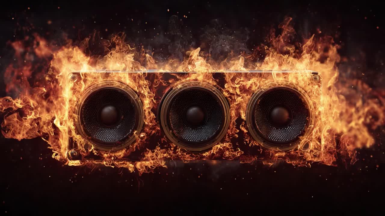 A striking visual of a sound system engulfed in flames, showcasing the blend of music and fire, creating an intense and electrifying atmosphere in the room