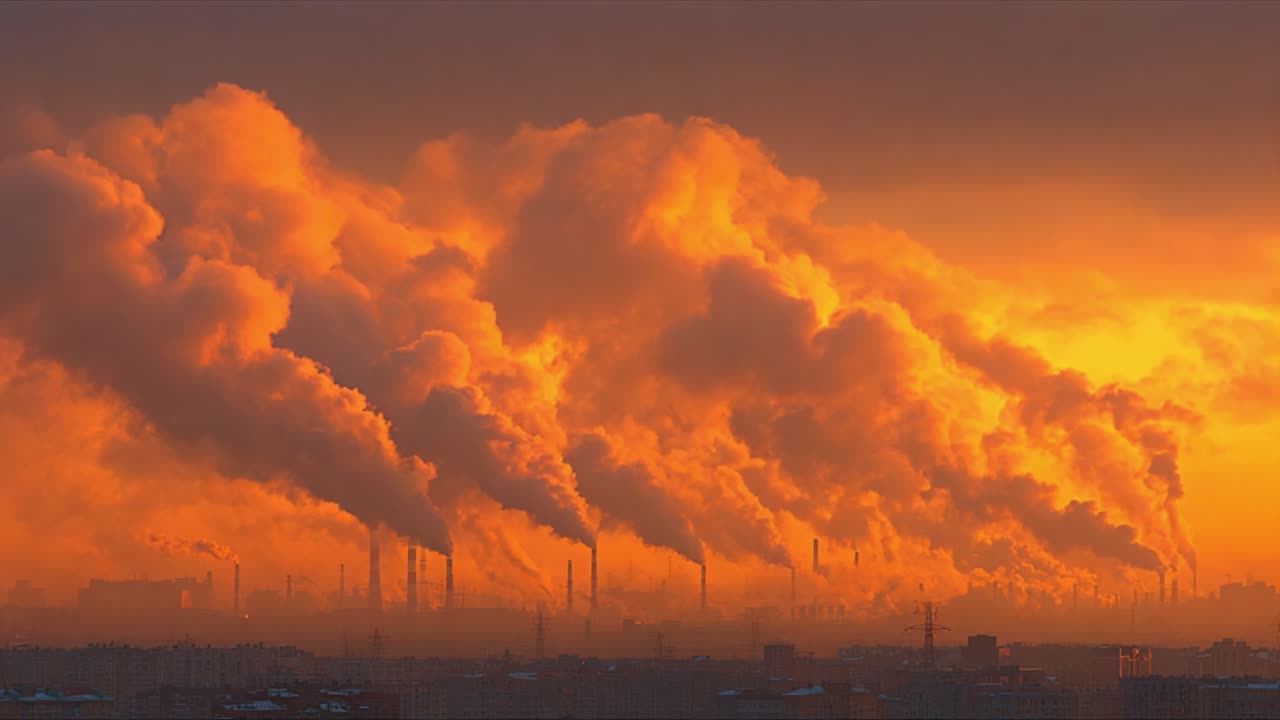 Dramatic Industrial Skyline: Billowing Smoke and Striking Sunset Glow Capture the Impact of Pollution on the Environment in a Stunning Visual Contrast