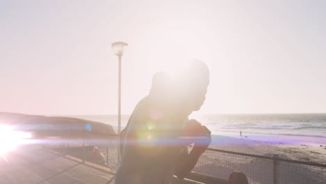 animation of glowing lights over a running african american man