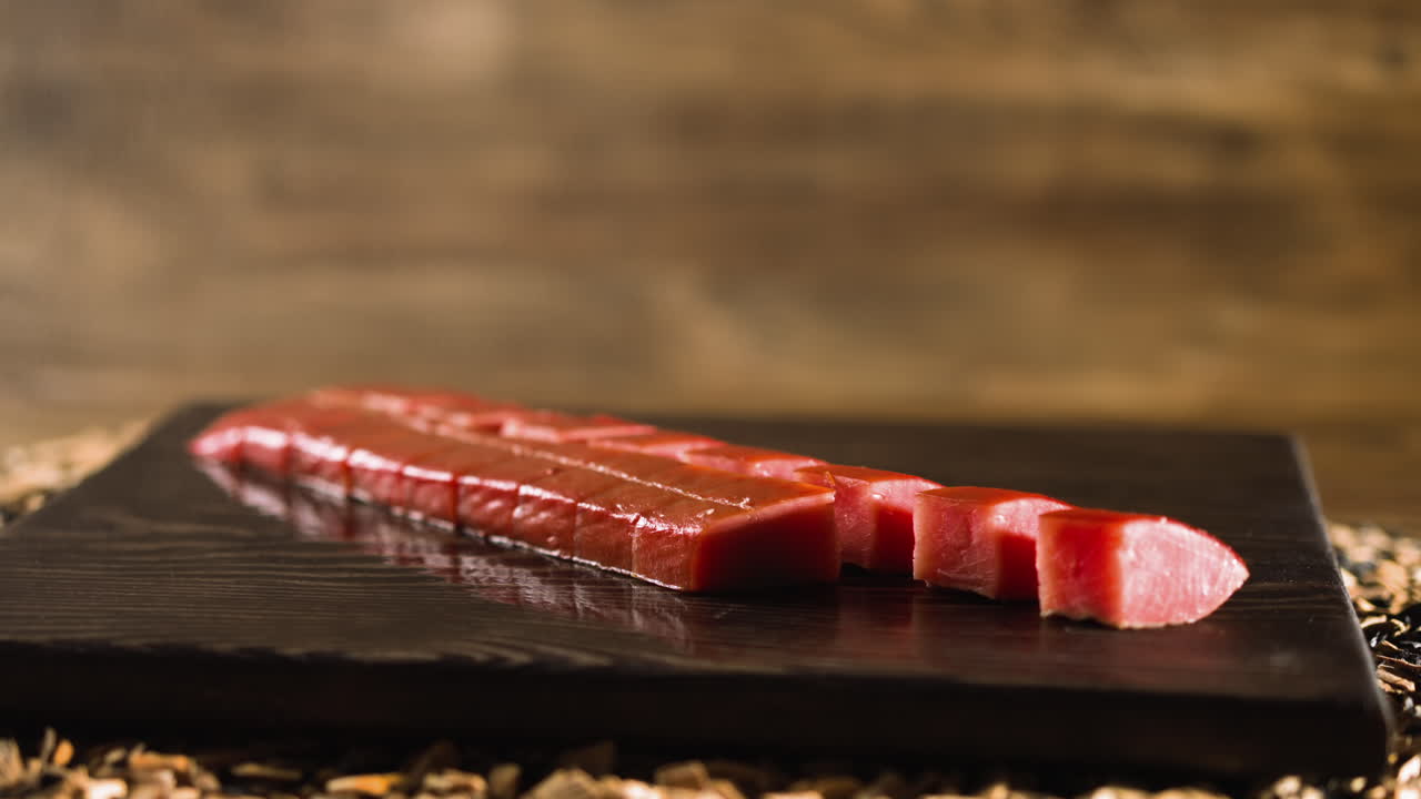 Filetto tagliato di salmone rosso affumicato servito su vassoio di legno