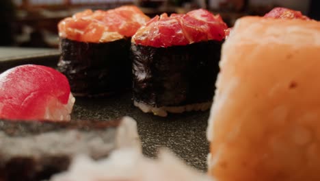 close-up of sushi rolls