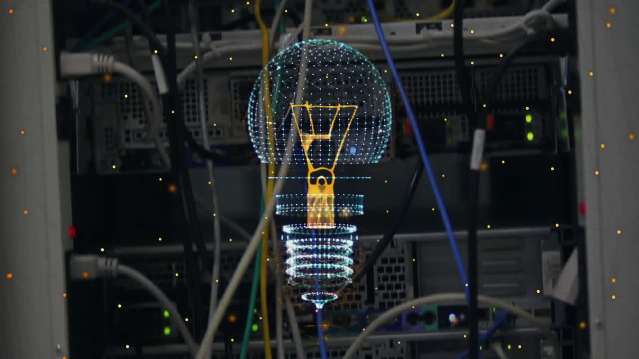 Animation of light bulb and data processing with connections over computer server