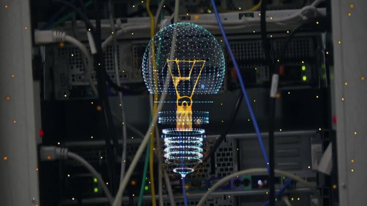 Animation of light bulb and data processing with connections over computer server