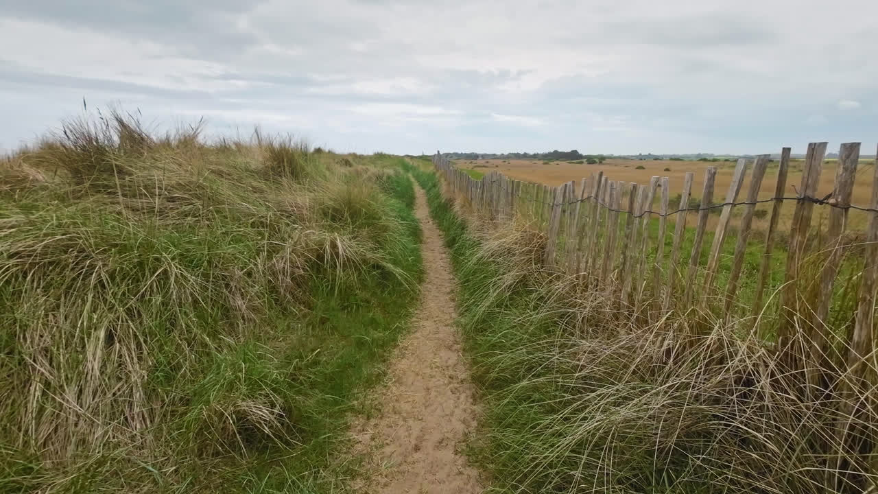sendero de arena rodeado de hierba, dunas de arena y una vieja valla de madera
