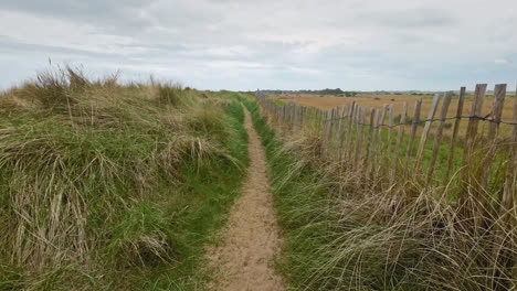 Sandy-country-path-surrounded-by-grass,-sand-dunes-and-a-old-wooden-fence