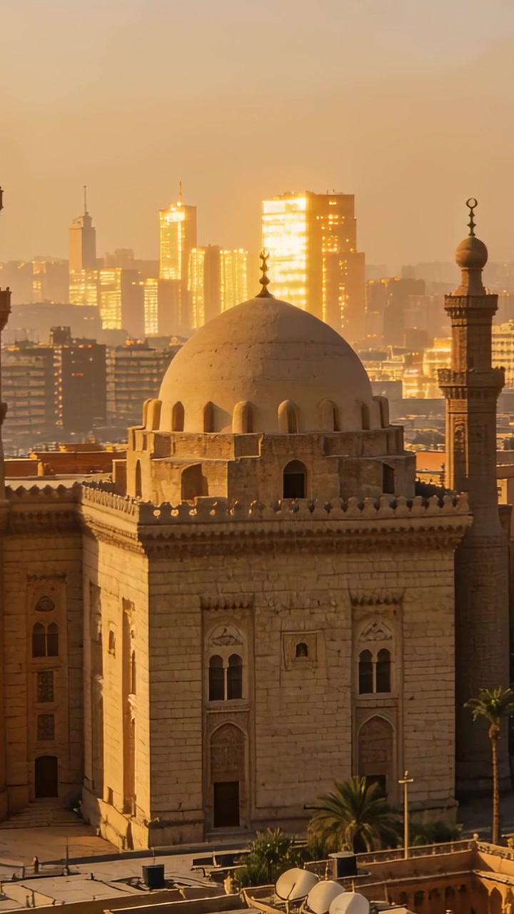 Video verticale: Panoramica che inquadra una moschea a cupola, minareti, antenne paraboliche sui tetti in città, che cattura la luce.