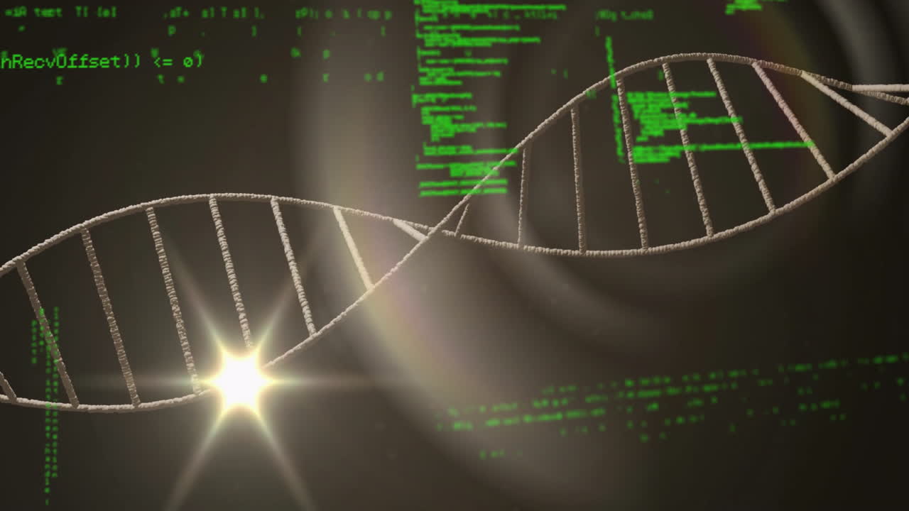 Animation of light spot and green data processing over spinning dna strand on black background