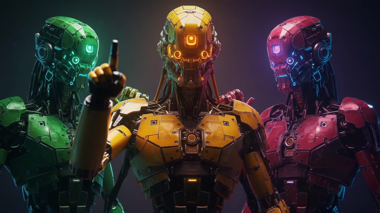 Three Futuristic Robots Stand in a Dynamic Pose, Showcasing Their Unique Colors and Features in a Captivating Sci-Fi Environment, Exuding a Sense of Advanced Technology and Innovation