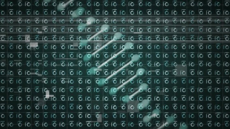 Animazione di DNA e glitch su sfondo scuro
