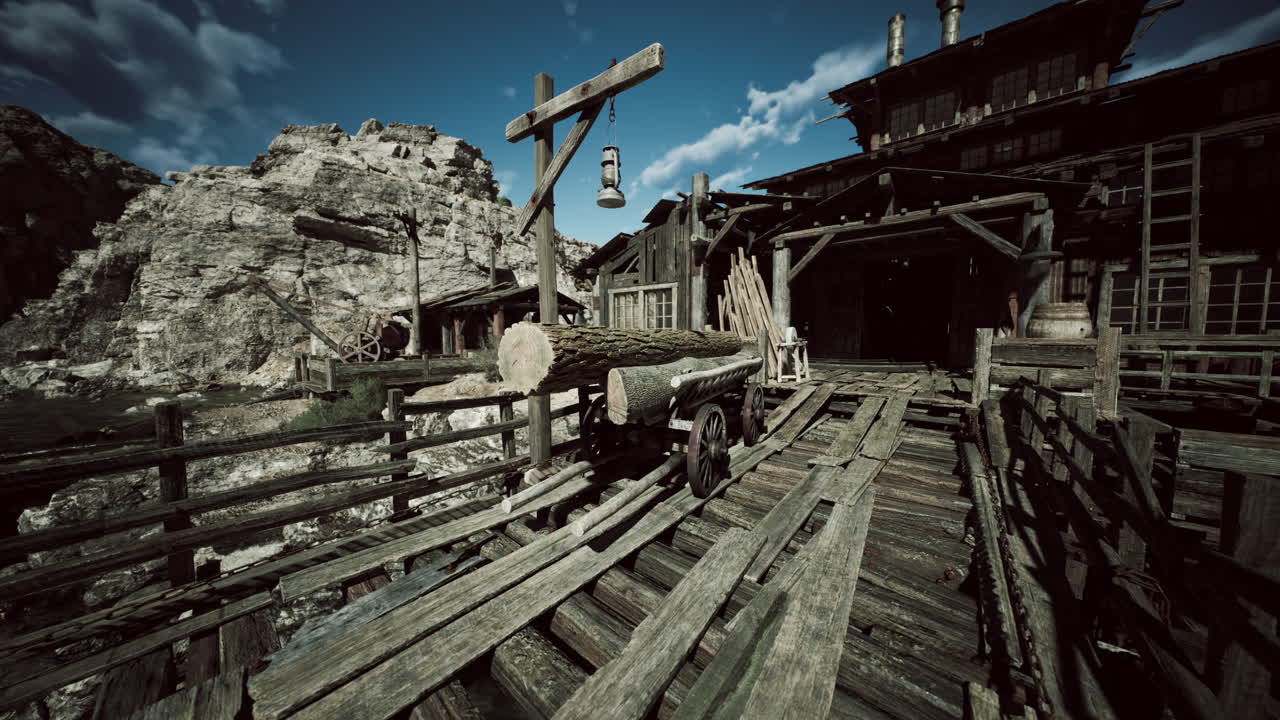 Wooden logging cart on an old platform by rocky cliffs