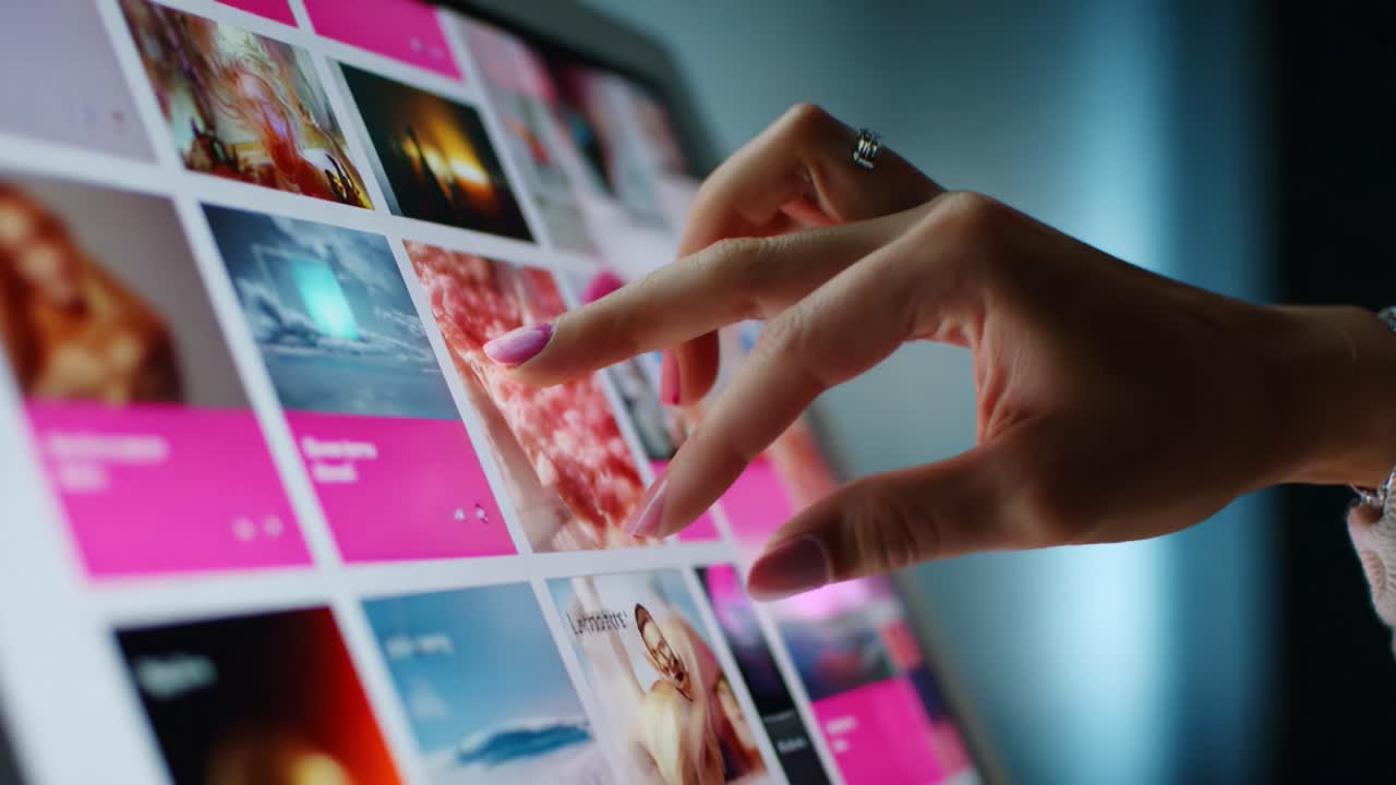 A Close-Up View of a Hand Interacting with a Touchscreen Display, Navigating Through Colorful Images and Visual Content in a Digital Gallery Environment