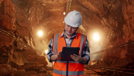 asian male engineer with safety helmet working on a tablet while standing in underground mine tunnel